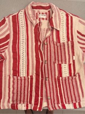 Free People Red & Cream Striped Button-Up Jacket